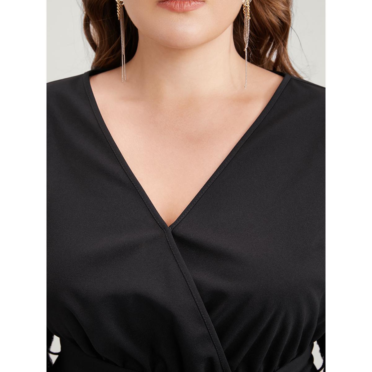 Plus Size Black Solid Sequin Belted Surplice Neck Blouse Women Party Long Sleeve V-neck Going out Blouses BloomChic 12/L Product Image
