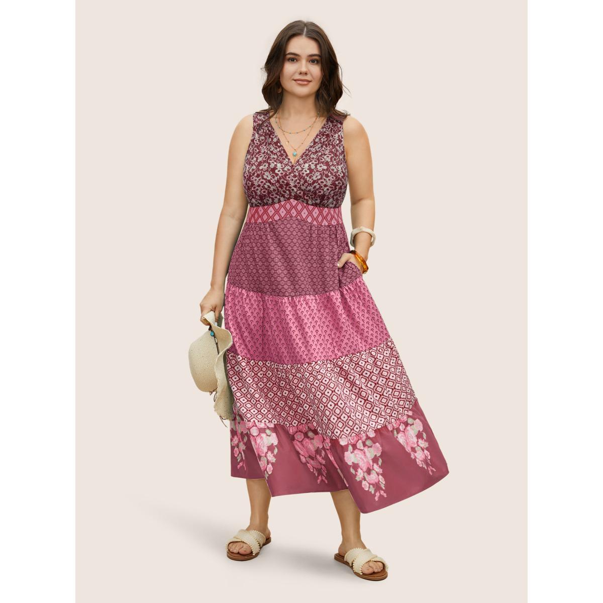 Plus Size Bandana Patchwork Floral Sleeveless Dress Beanpastepowder Women Resort Pleated V-neck Sleeveless Curvy BloomChic 12/L Product Image