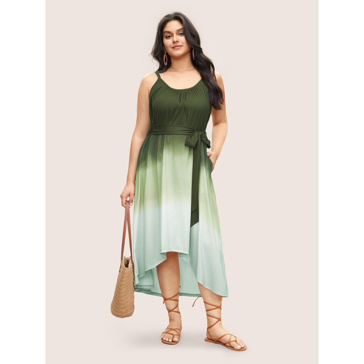 Plus Size Tie Dye Belted Gathered Asymmetrical Hem Dress Indigo Women Resort Non V-neck Sleeveless Curvy Midi Dress BloomChic 12/L Product Image
