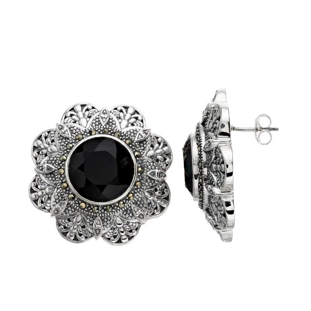 Lavish by TJM Sterling Silver Onyx & Marcasite Floral Stud Earrings, Women's Product Image