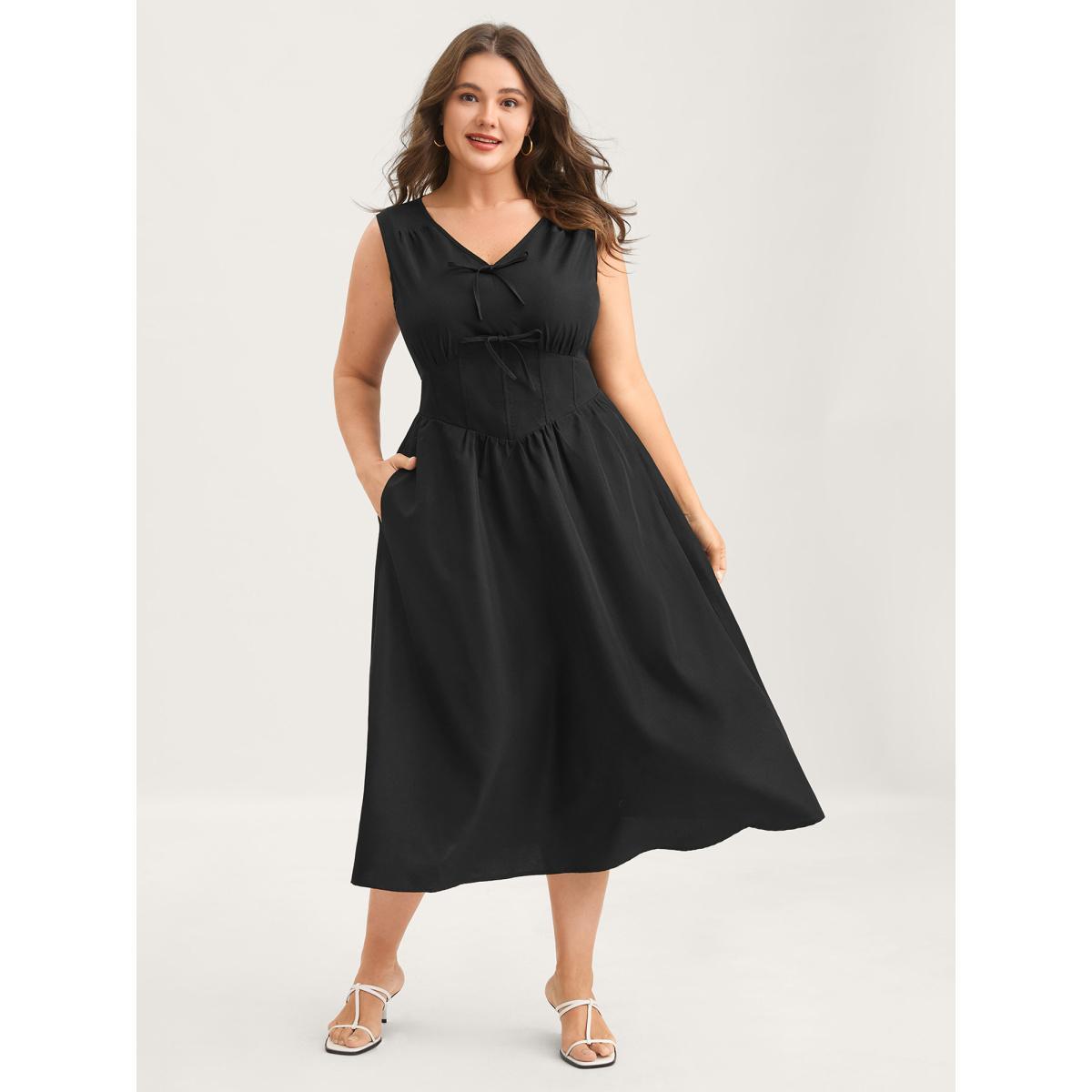 Plus Size Bow Tie Drop Waist Shirred Midi Dress Black Women Tie knot V-neck Sleeveless Curvy BloomChic 10/M Product Image