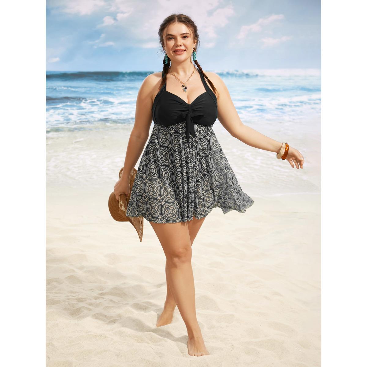 Plus Size Boho Print Patchwork Tie Knot Gathered Swim Dress Women's Swimwear Black Beach Bodycon Heart neckline High stretch Curve Swim Dresses BloomChic 10/M Product Image