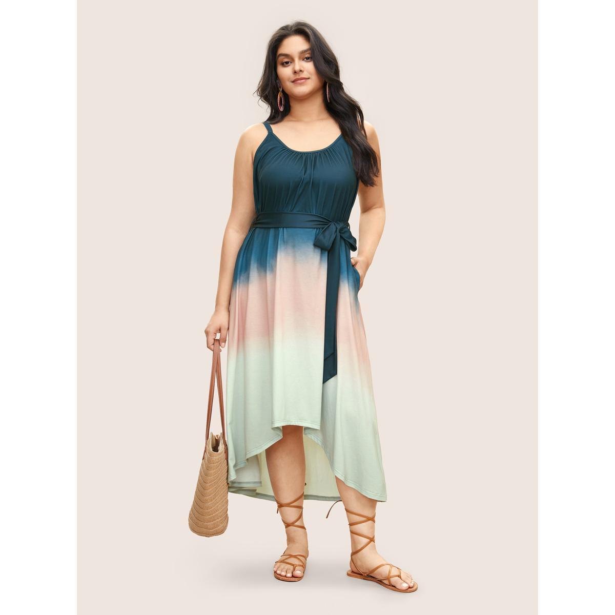 Plus Size Tie Dye Belted Gathered Asymmetrical Hem Dress Indigo Women Resort Non V-neck Sleeveless Curvy Midi Dress BloomChic 12/L Product Image