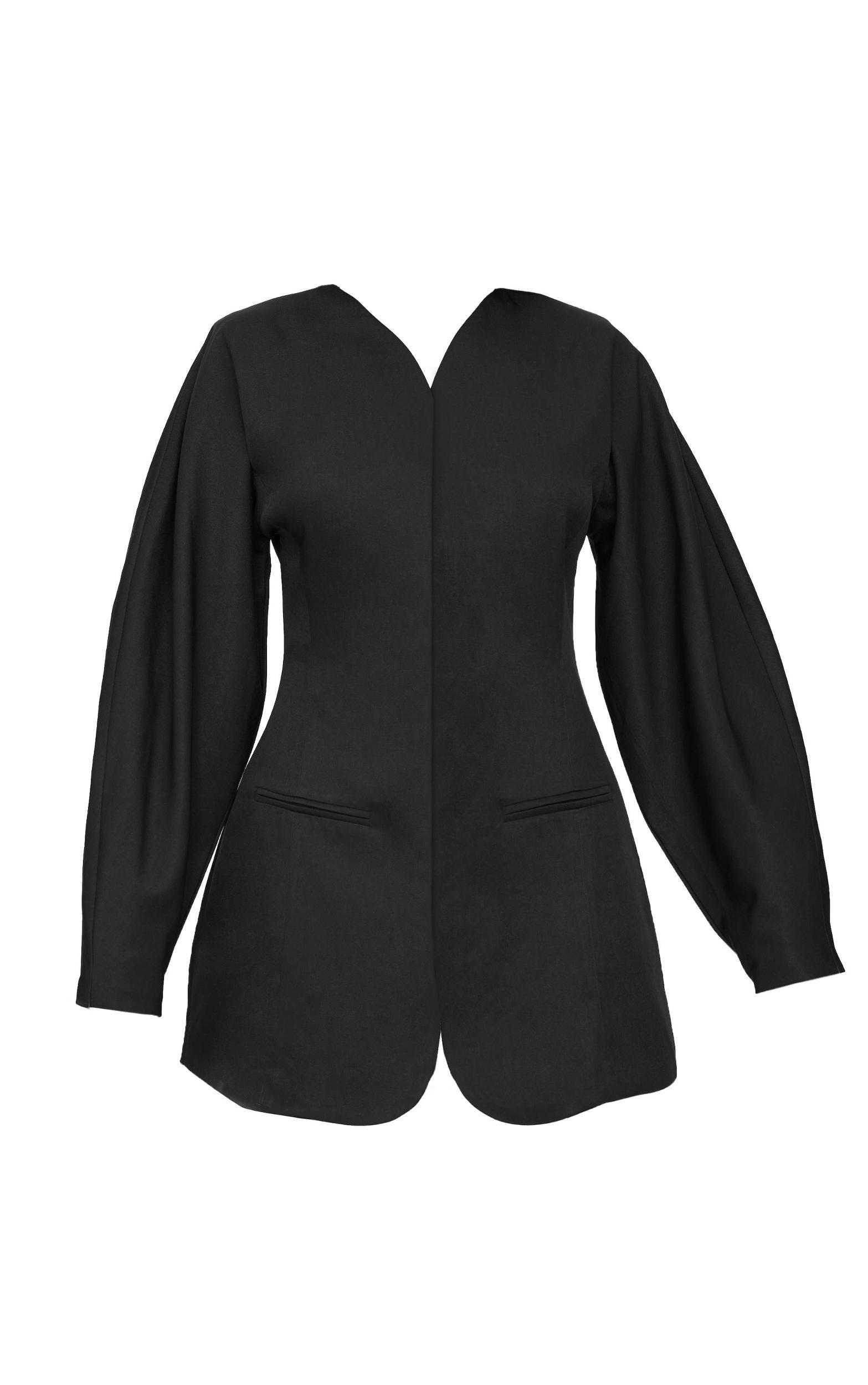 Black Woven Balloon Sleeve Collarless Blazer Dress Product Image