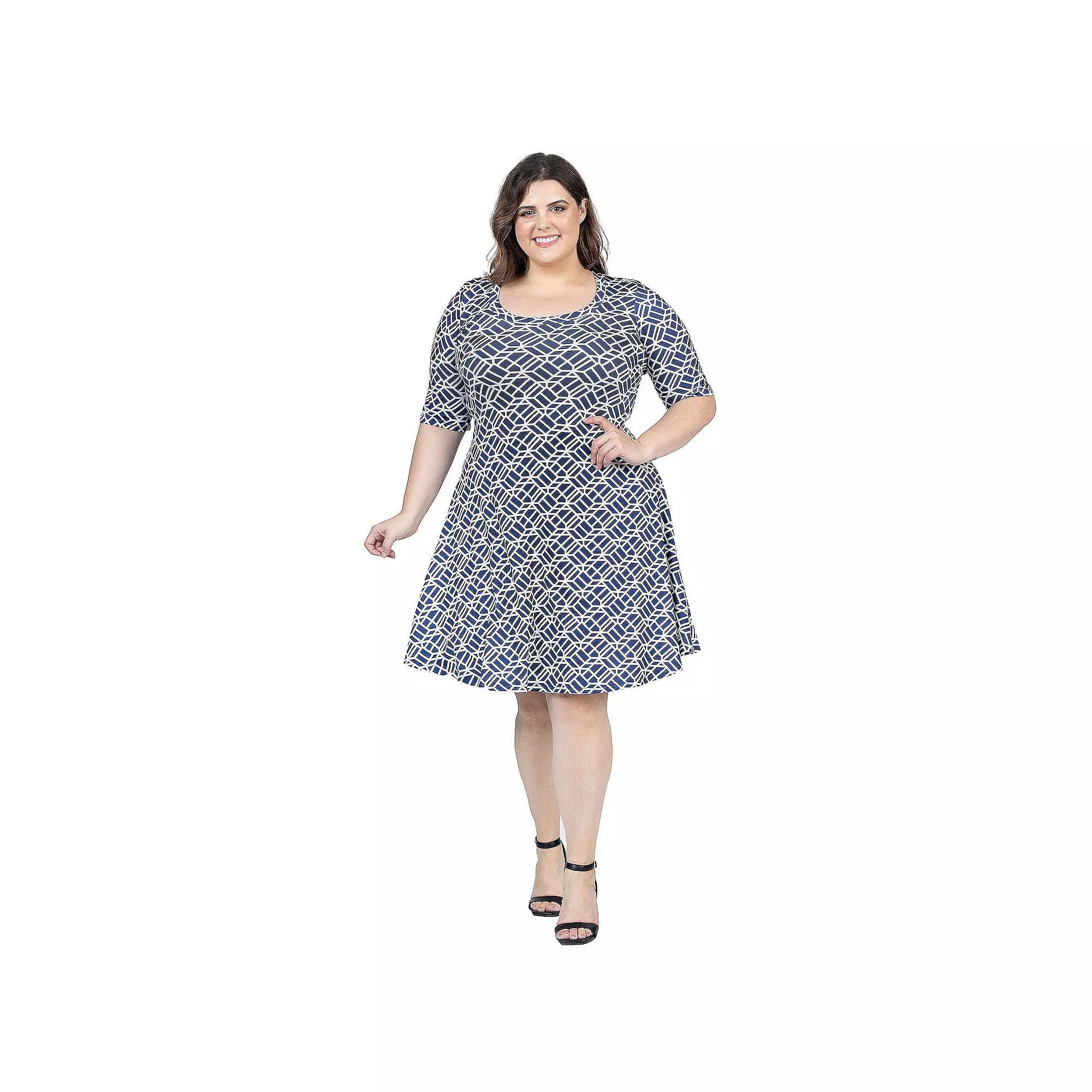 Plus Size 24Seven Comfort Apparel Geometric Print Knee Length Elbow Sleeve Dress, Womens Blue Team Product Image