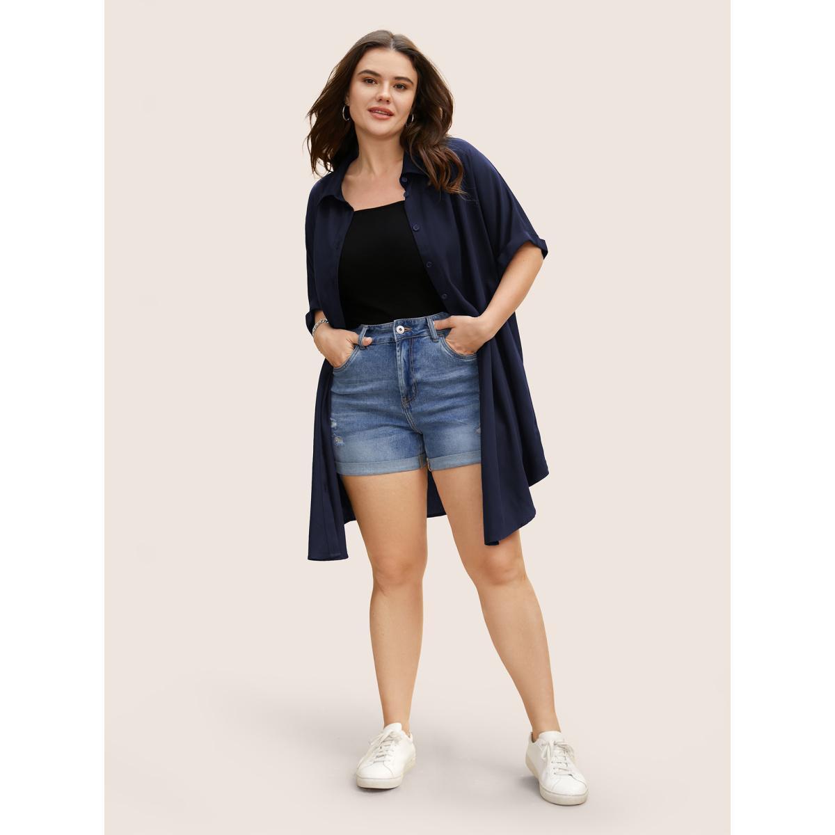 Plus Size Midnight Rayon Shirt Collar Cuffed Sleeve Pocket Blouse Women Casual Short sleeve Shirt collar Everyday Blouses BloomChic 18-20/2X Product Image