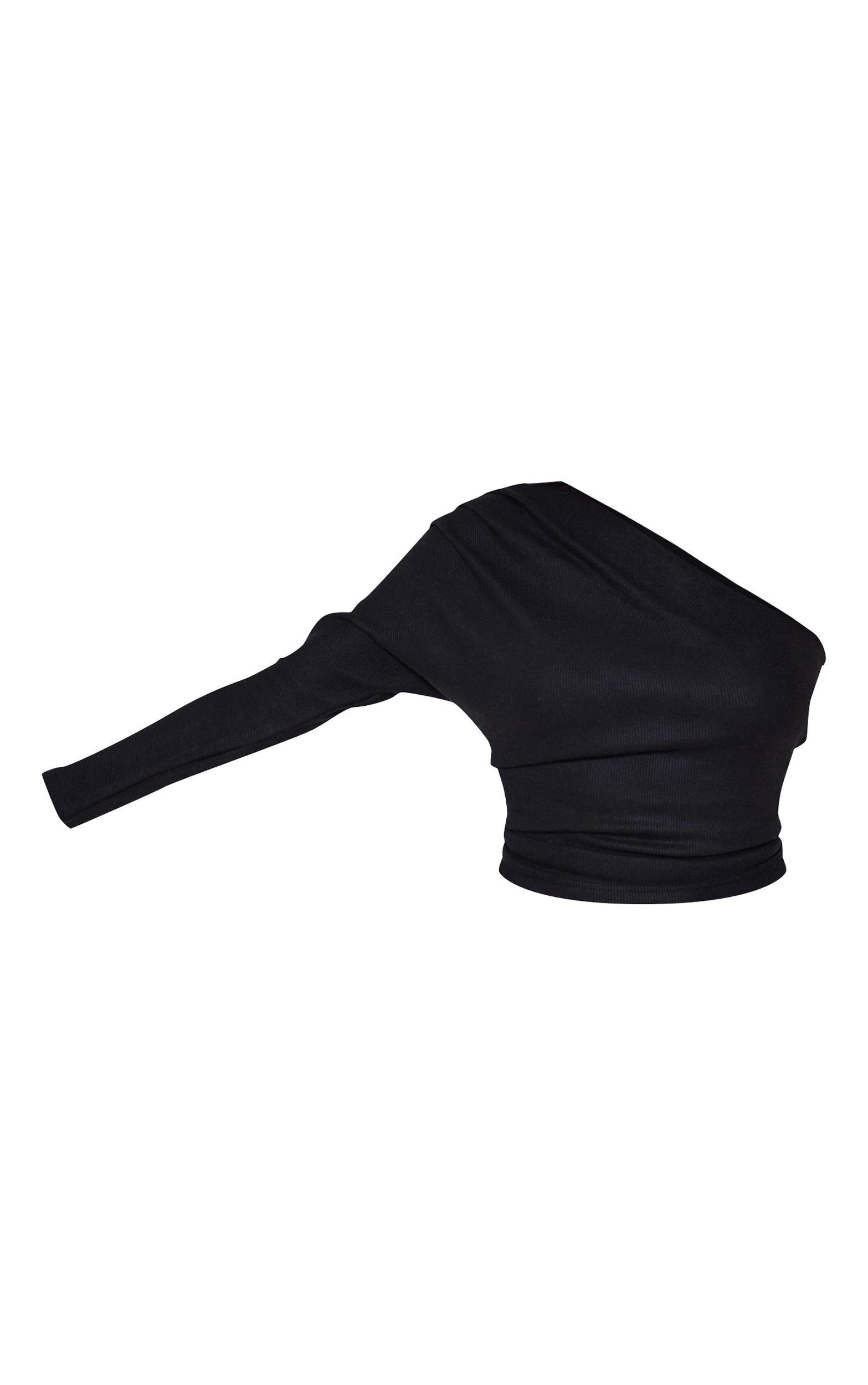 Black Brushed Rib Asymmetric Shoulder Long Top Product Image