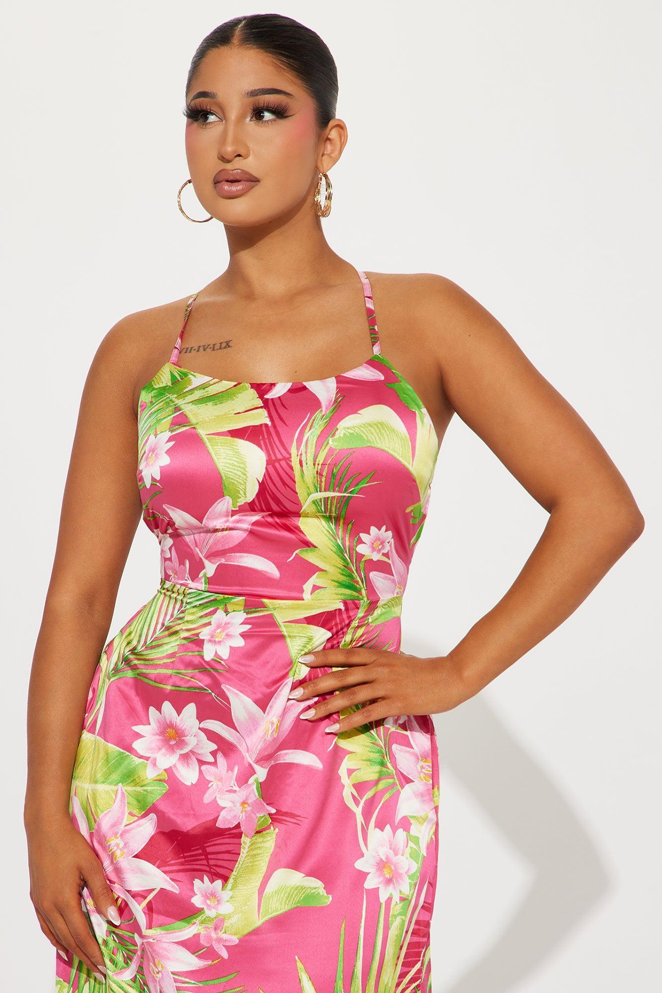 Erin Satin Tropical Maxi Dress - Fuchsia Product Image
