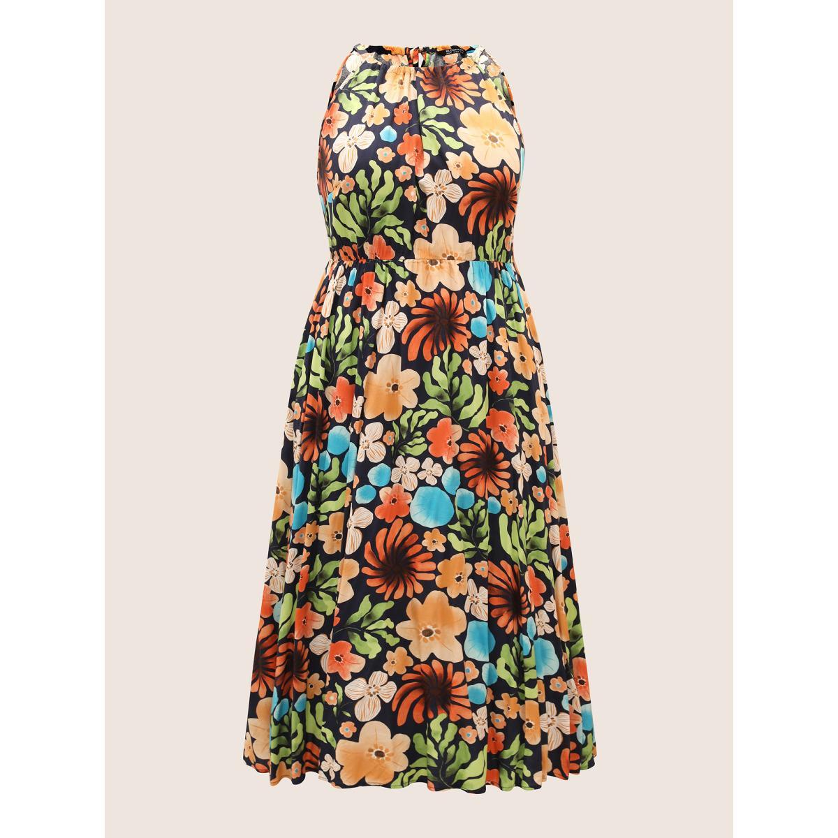Plus Size Floral Printed Patchwork Side Seam Pocket Dress Indigo Women Resort Gathered Non Sleeveless Curvy BloomChic 18-20/2X Product Image