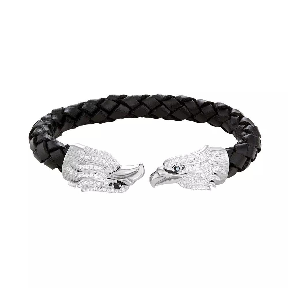 Men's Stainless Steel & Black Leather Cubic Zirconia Eagle Cuff Bracelet, Size: 8.5" Product Image