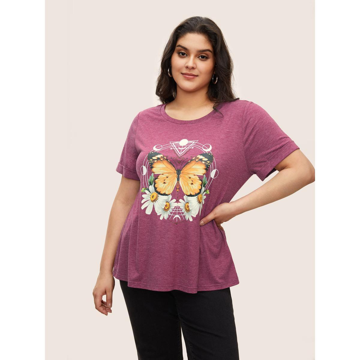 Plus Size Natural Flowers & Butterfly Print Rhinestone T-shirt Burgundy Women Casual Rhinestone detailing Animals Everyday T-shirts BloomChic 22-24/3X Product Image