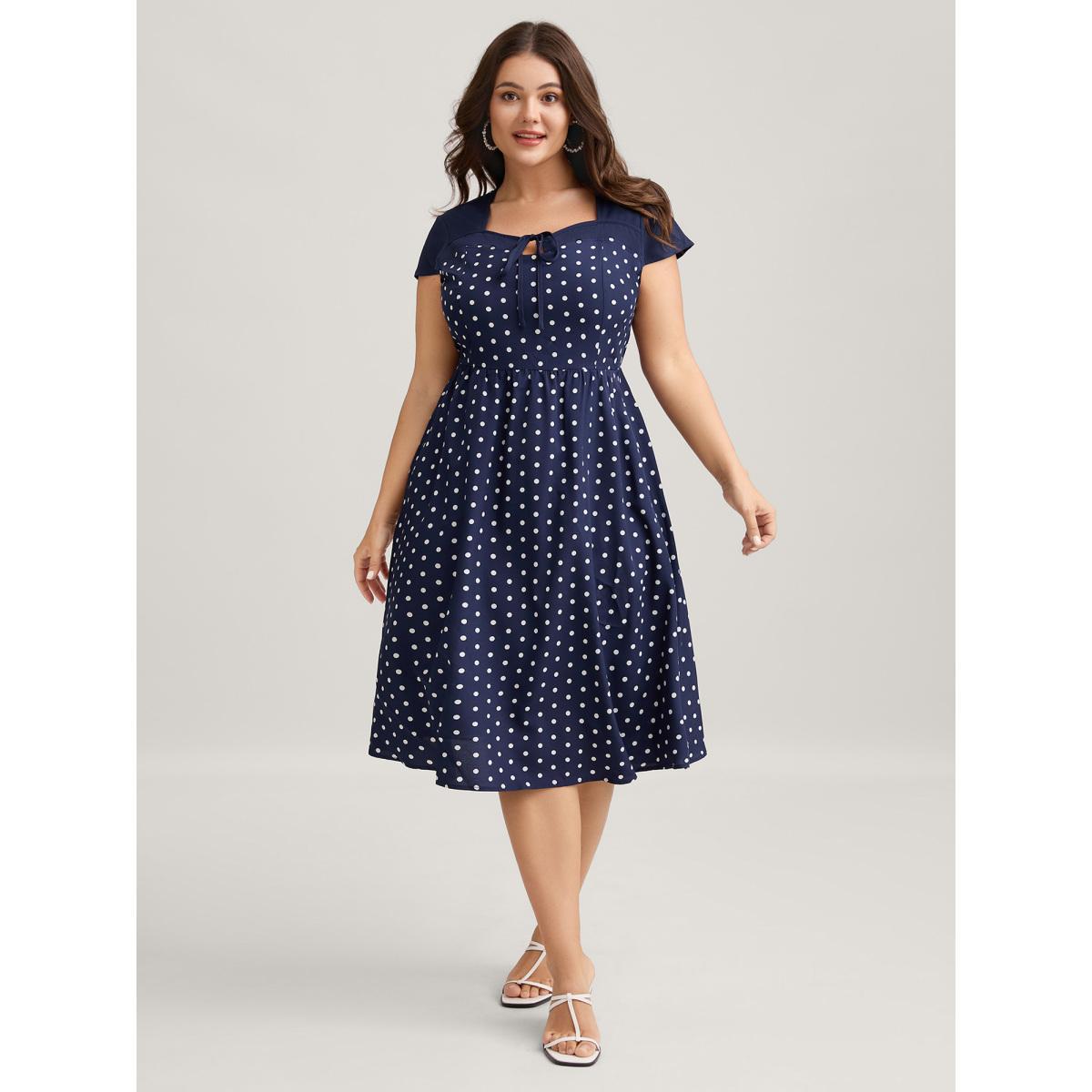 Plus Size Polka Dots Stretchy Waist Pockets Midi Dress Navy Women Heart neckline Cap Sleeve Curvy BloomChic 18-20/2X Product Image