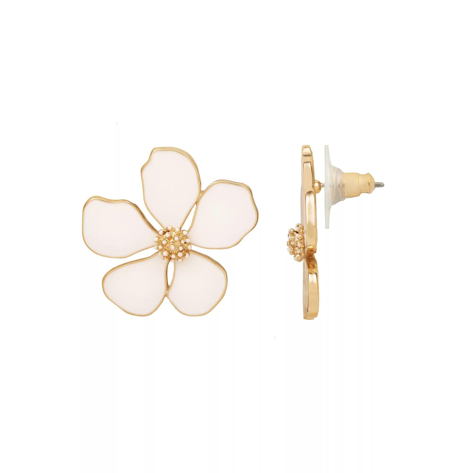 Emberly Gold Tone Large Enamel Flower Post Earrings, Women's, White Product Image