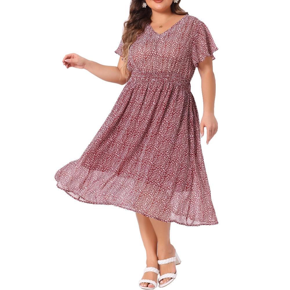 Agnes Orinda Women's Floral Plus Size Trendy Smocked Waist A-Line Flowy Chiffon Midi Sundresses Product Image