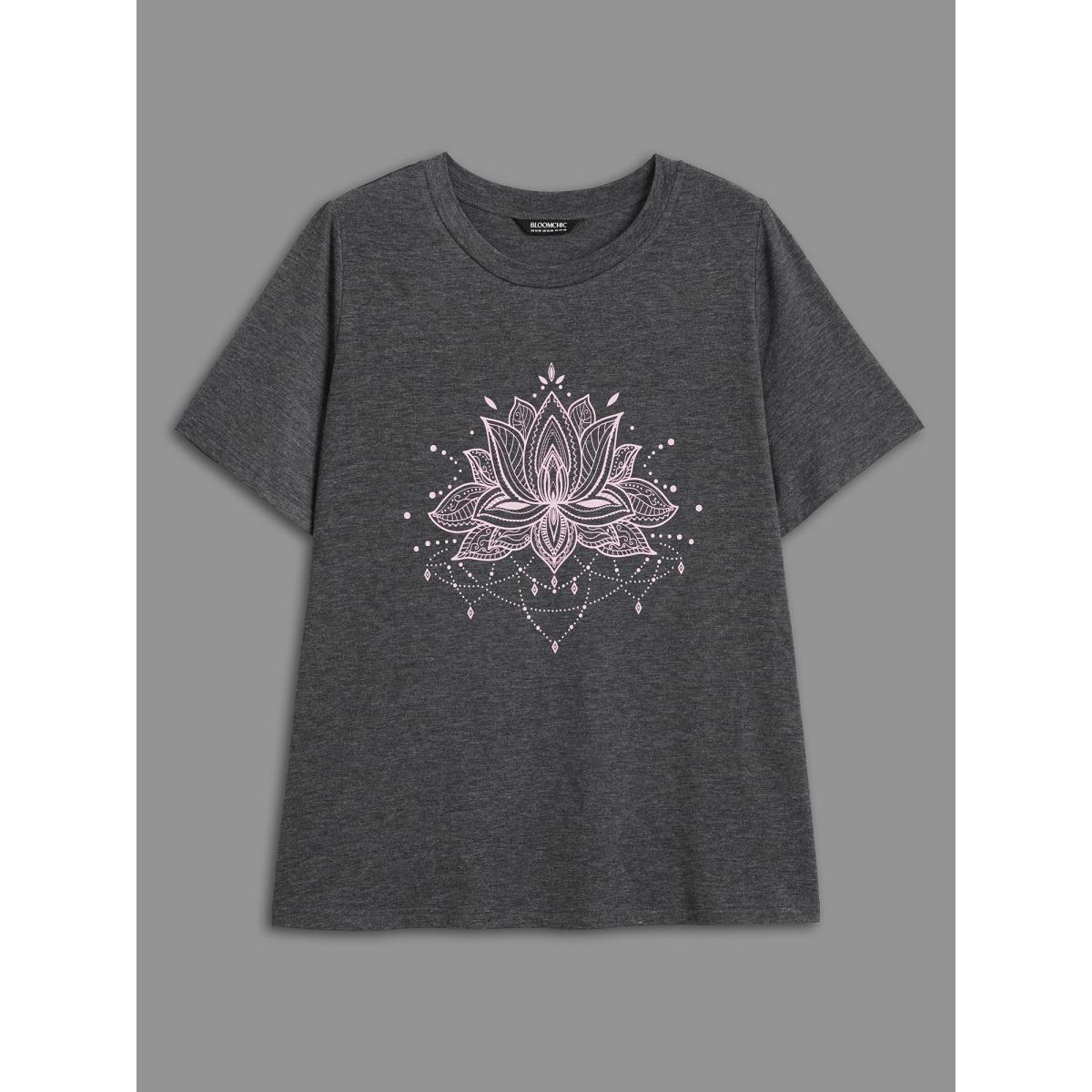 Plus Size Floral Printed Round Neck Stretchy T-shirt DimGray Women Casual Non Natural Flowers Round Neck Everyday T-shirts BloomChic 14-16/1X Product Image