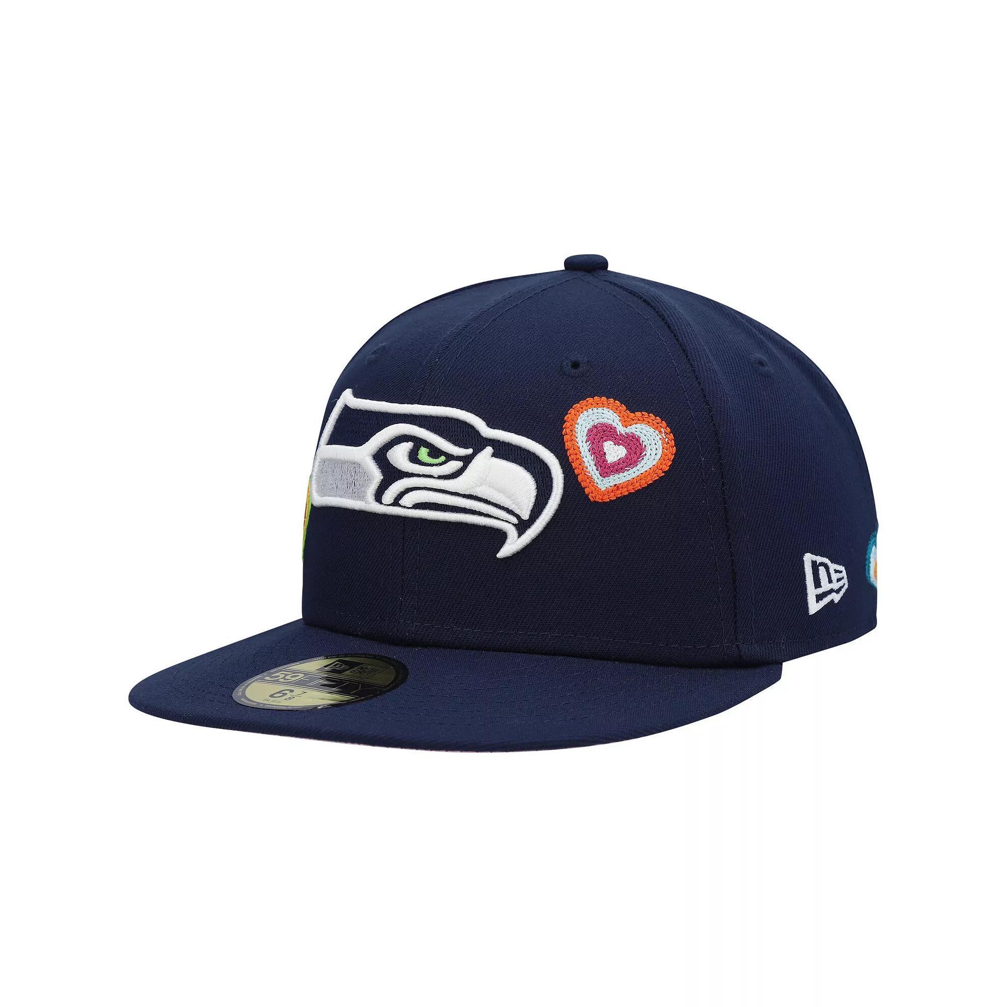 Men's New Era College Navy Seattle Seahawks Chain Stitch Heart 59FIFTY Fitted Hat, Size: 7 1/2, Blue Product Image