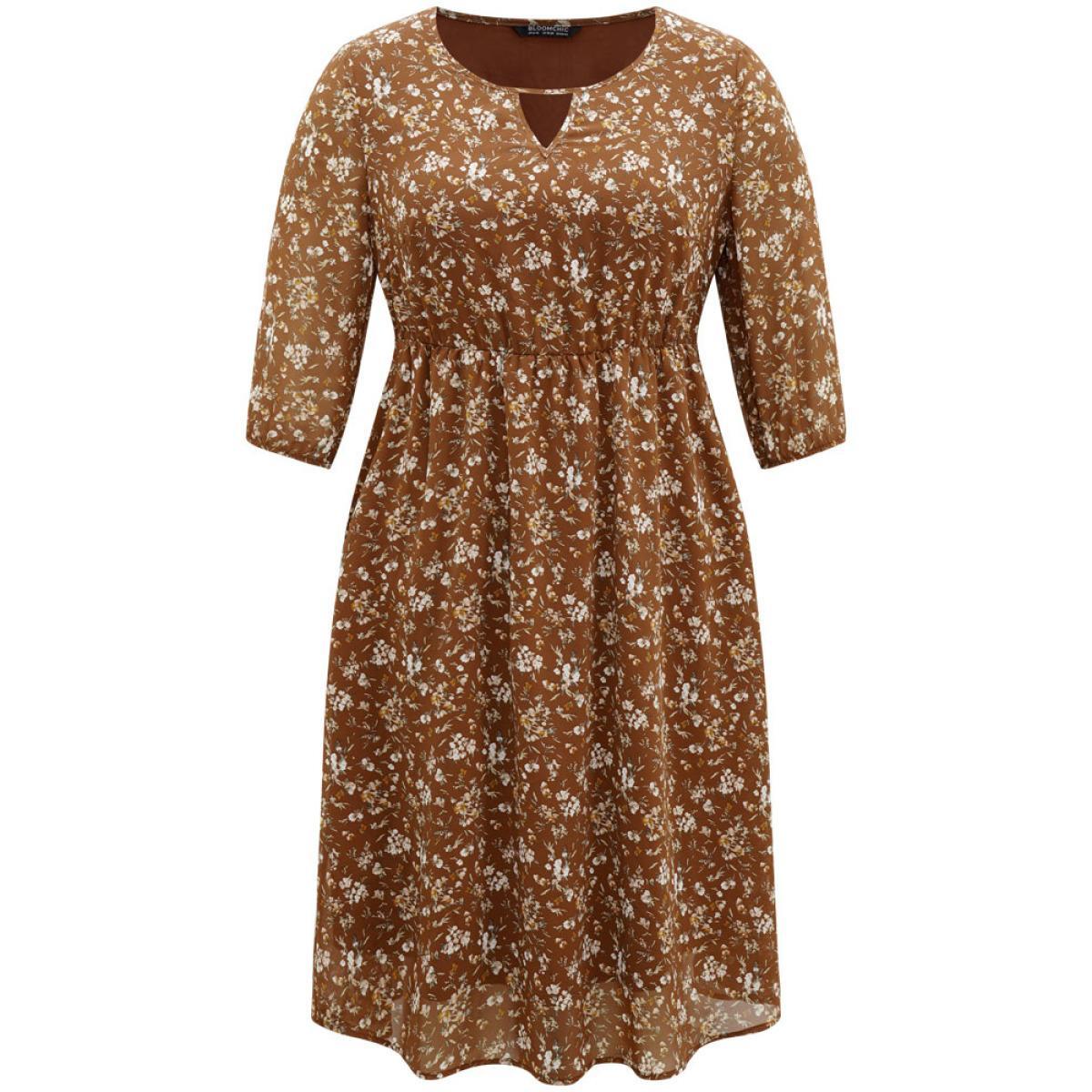 Plus Size Ditsy Floral Cut Out Elastic Cuffs Dress Rust Women Elegant Elastic cuffs Keyhole Cut-Out Elbow-length sleeve Curvy Midi Dress BloomChic 14-16/1X Product Image