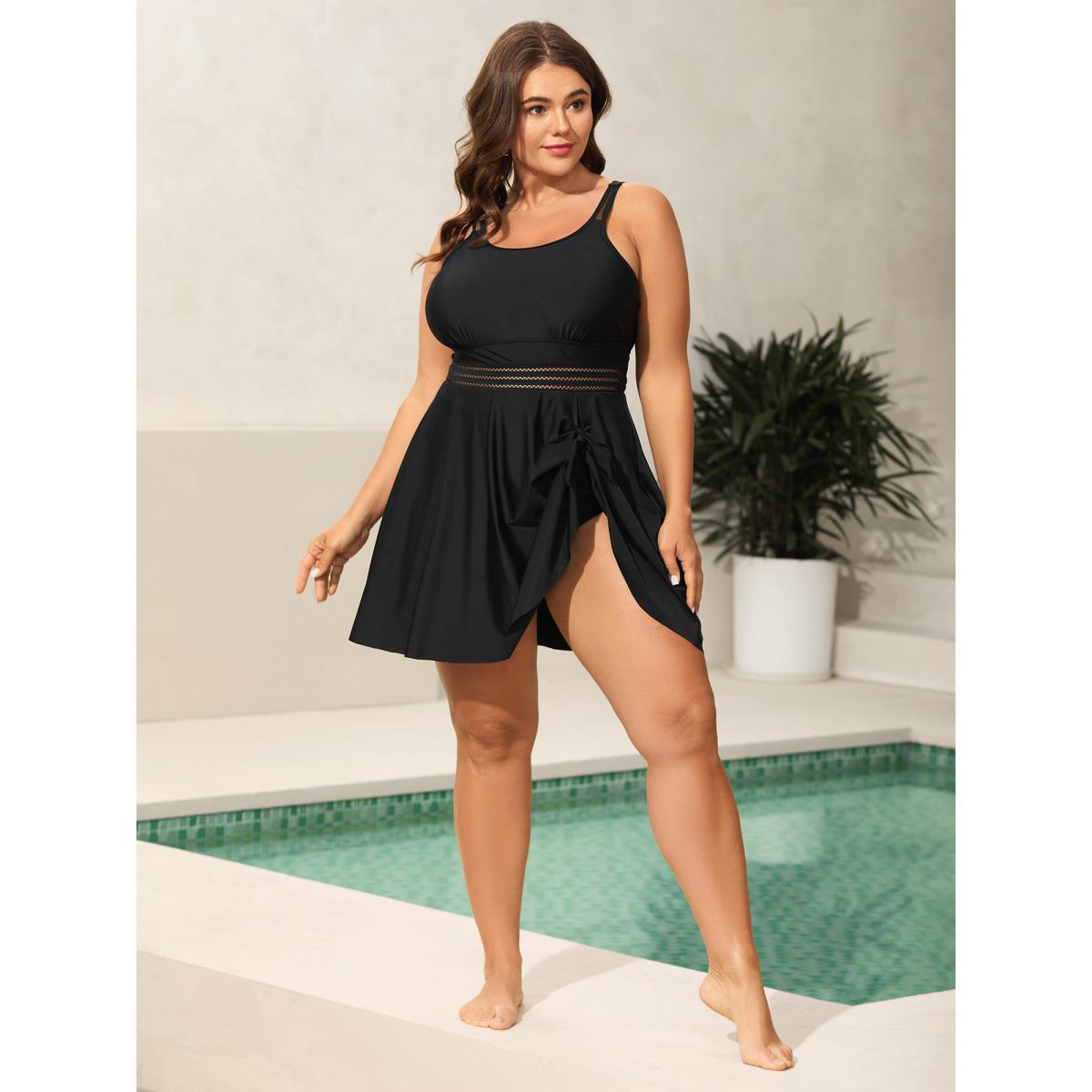 Plus Size Anti-Float Ties Webbed Split Hem Swim Dress Women's Swimwear Black Beach Bodycon U-neck High stretch Curve Swim Dresses BloomChic 30/6X Product Image