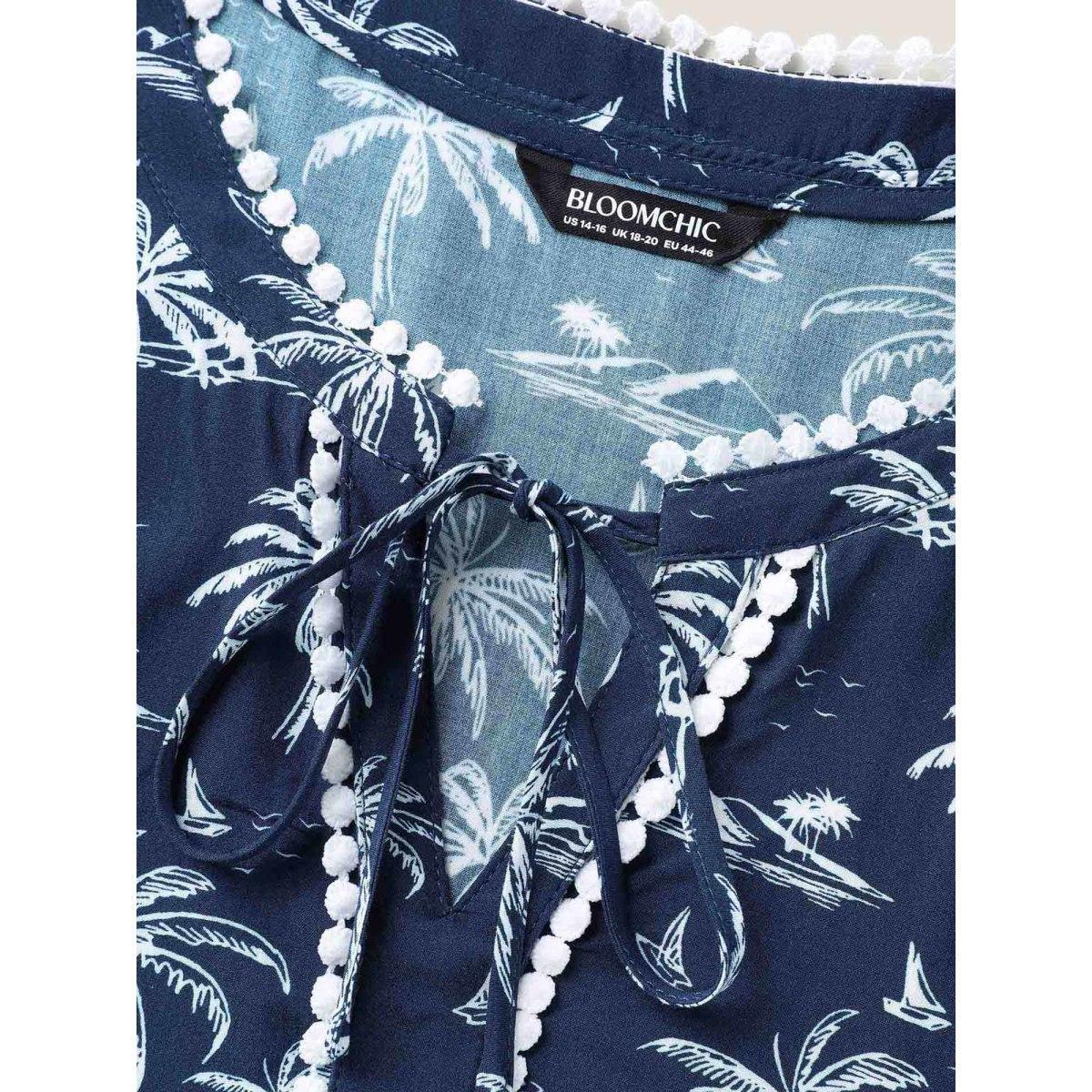 Plus Size Indigo Tropical Print Lace Trim Flowy Blouse Women Short sleeve V-neck Vacation Blouses BloomChic 26/4X Product Image