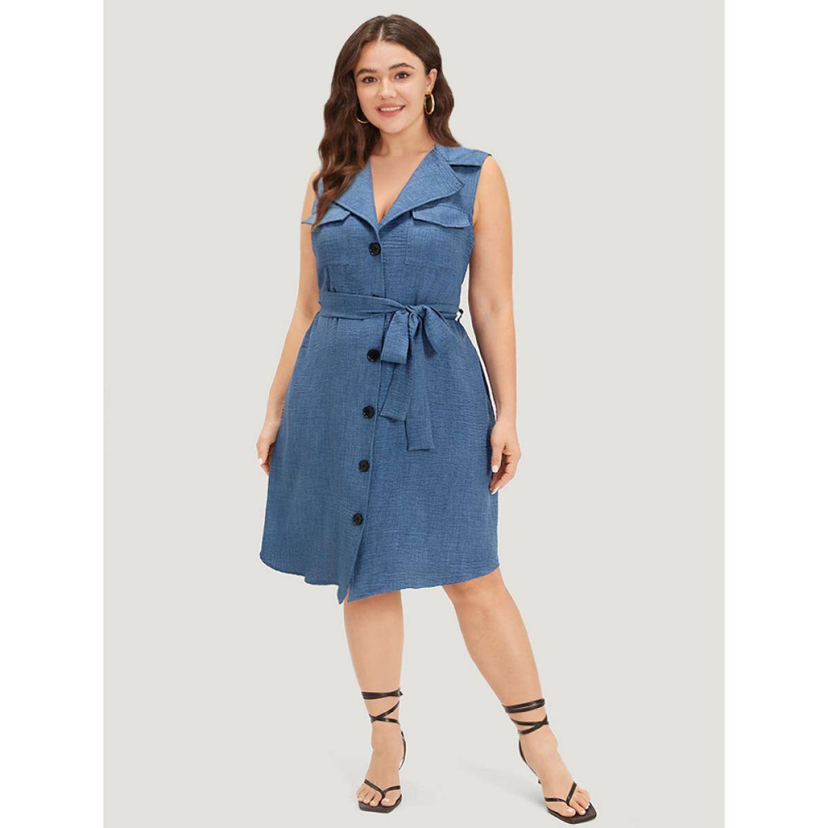 Plus Size Suit Collar Belted Pocket Button Through Sleeveless Dress Blue Women Elegant Belted Suit Collar Sleeveless Curvy Knee Dress BloomChic 18-20/2X Product Image