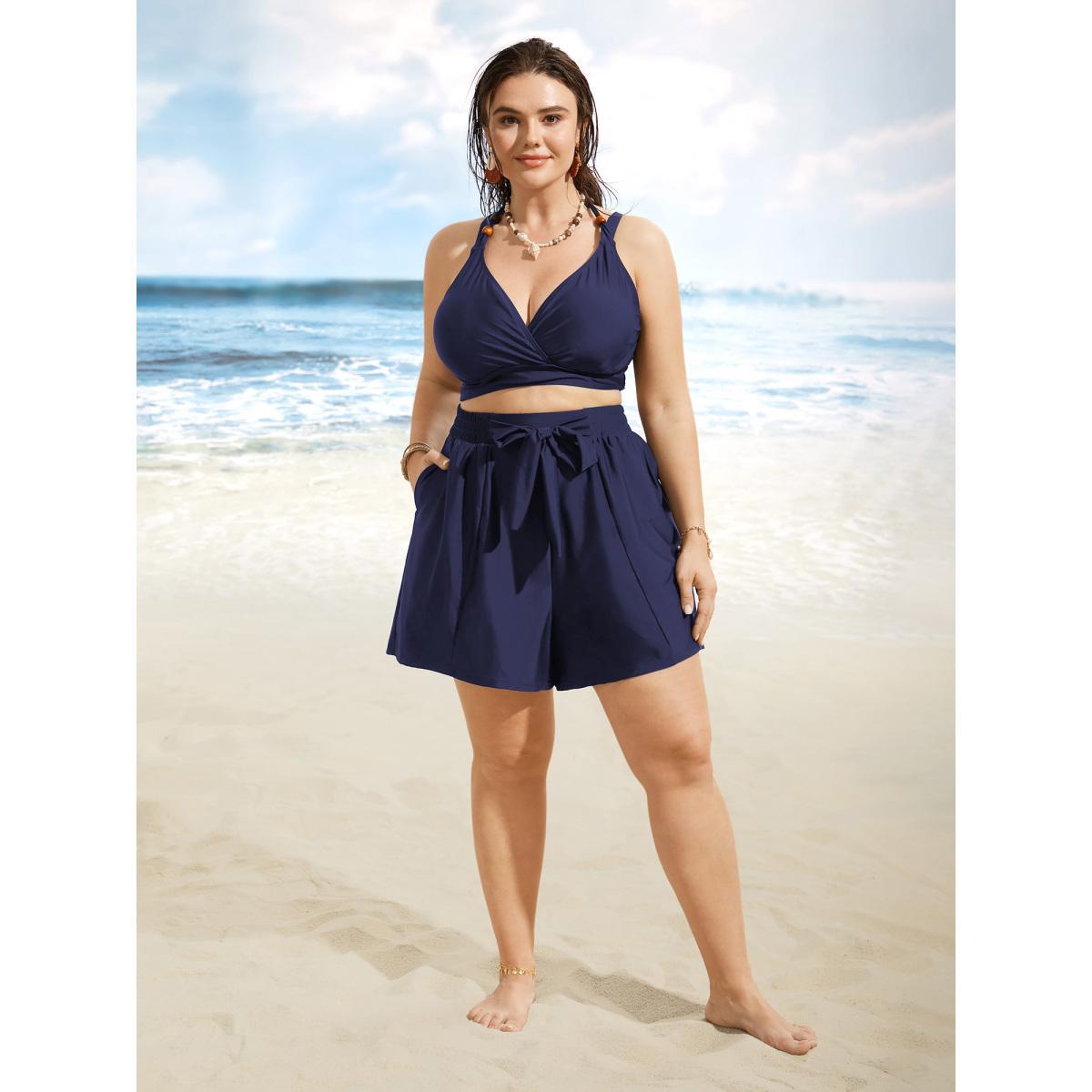 Plus Size High Rise Tie Knot Wideband Waist Swim Bottom Women's Swimwear Indigo Beach Tie knot High stretch Bodycon High Rise Side seam pocket Curve Swim Bottoms BloomChic 10/M Product Image