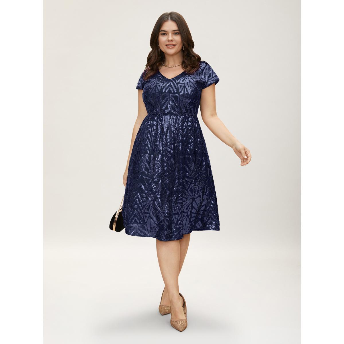 Plus Size Geometric Sequin Dolman Sleeve Midi Dress DarkBlue Women Cocktail Non V-neck Cap Sleeve Curvy BloomChic 30/6X Product Image