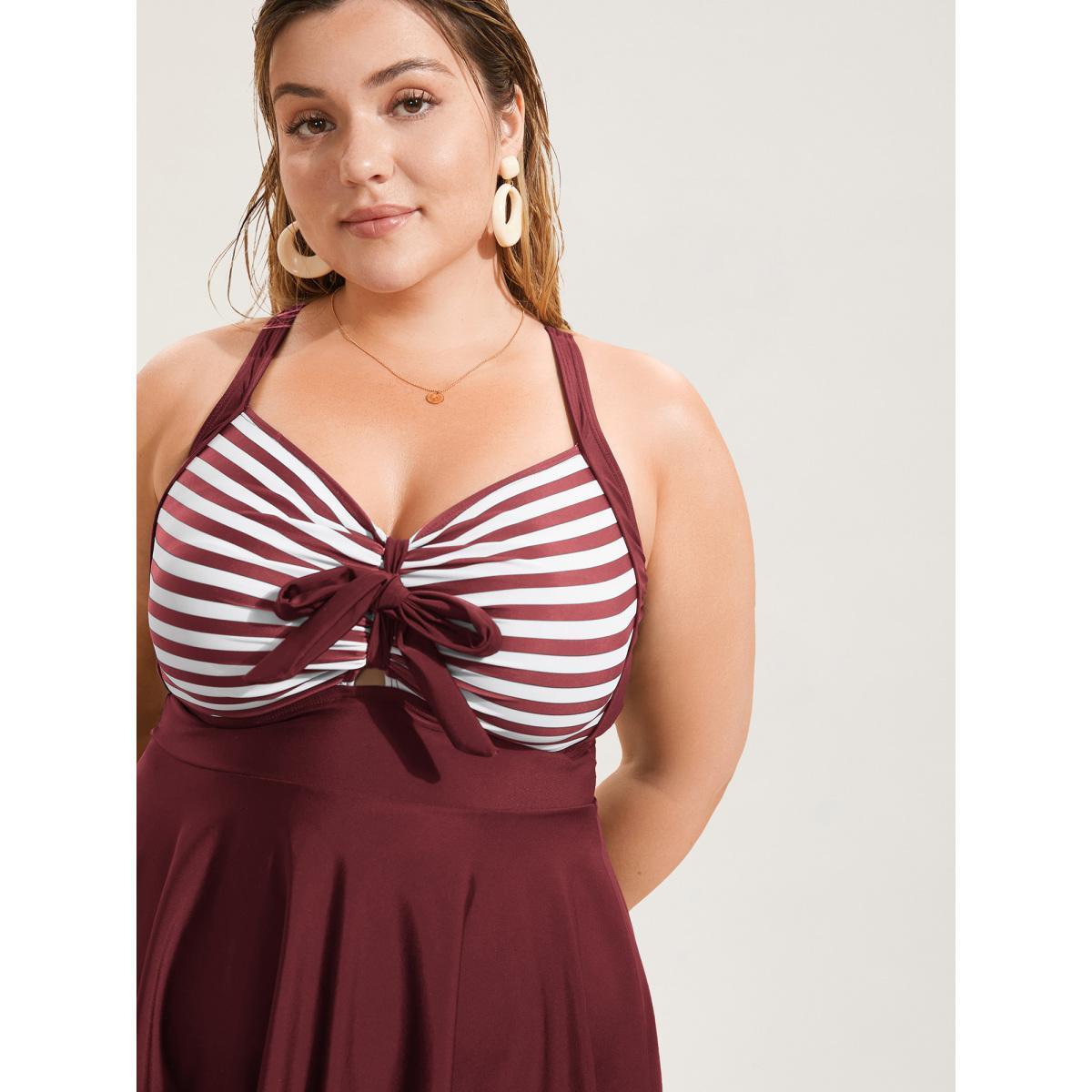 Plus Size Stripes Patchwork Tie Knot Cross Straps Swim Dress Women's Swimwear ArmyGreen Beach Bodycon Heart neckline High stretch Curve Swim Dresses BloomChic 14-16/1X Product Image