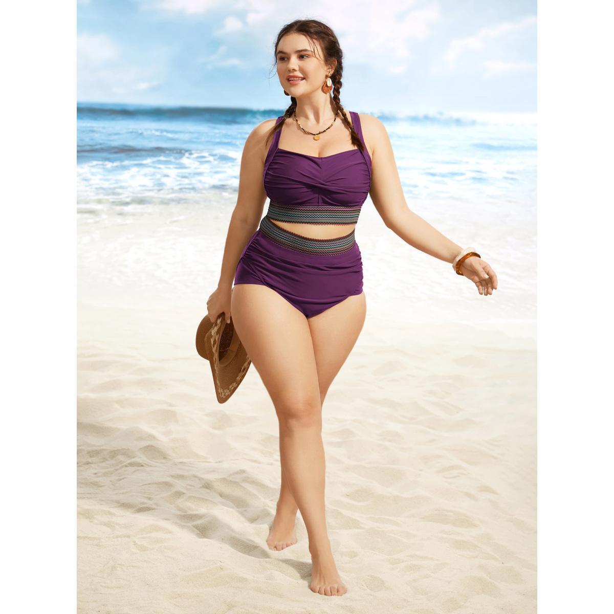 Plus Size Twist Front Patchwork Woven Ribbon Swim Top Women's Swimwear Eggplant Beach Woven ribbon&lace trim High stretch Skinny Heart neckline Curve Swim Tops BloomChic 26/4X Product Image