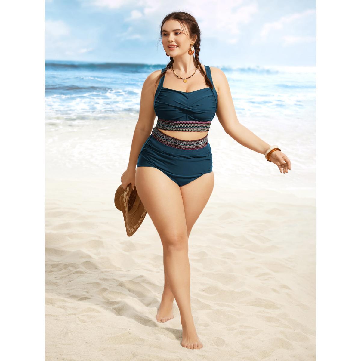 Plus Size Twist Front Patchwork Woven Ribbon Swim Top Women's Swimwear Cyan Beach Woven ribbon&lace trim High stretch Skinny Heart neckline Curve Swim Tops BloomChic 28/5X Product Image