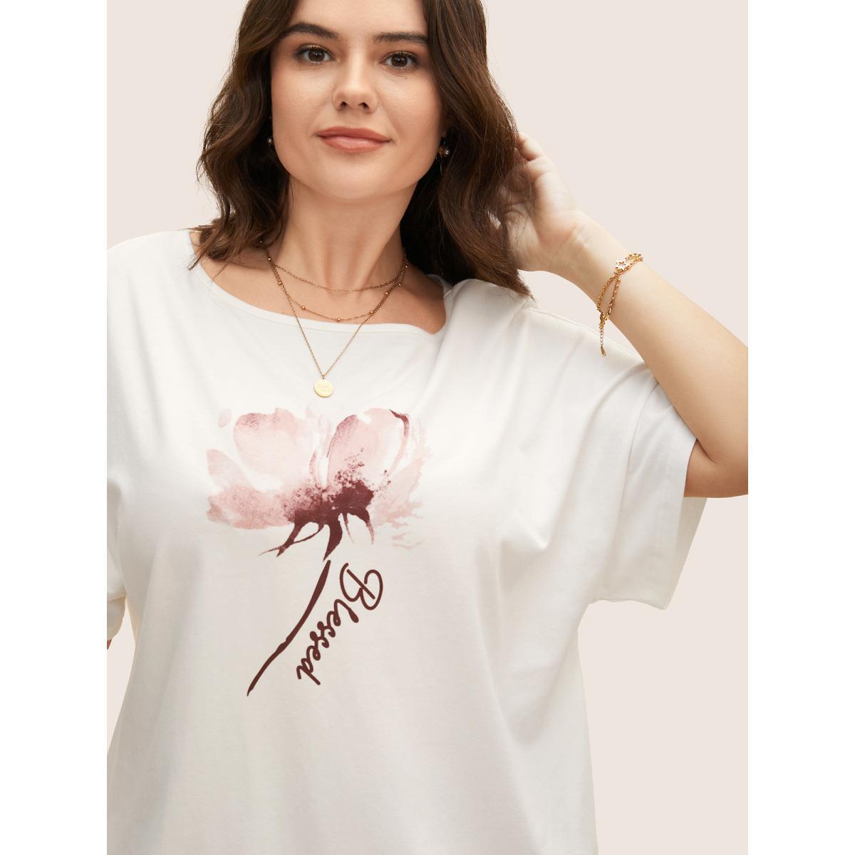 Plus Size Floral Print Boat Neck Dolman Sleeve T-shirt Originalwhite Women Elegant Contrast Natural Flowers Boat Neck Everyday T-shirts BloomChic 22-24/3X Product Image
