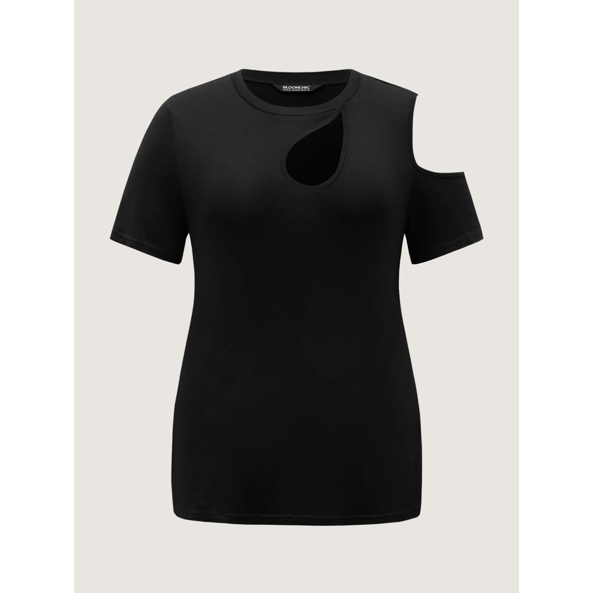 Plus Size Supersoft Solid Cut-Out Shoulder T-Shirt Black Women Cut-Out Round Neck Everyday-Elegant T-shirts BloomChic 14-16/1X Product Image