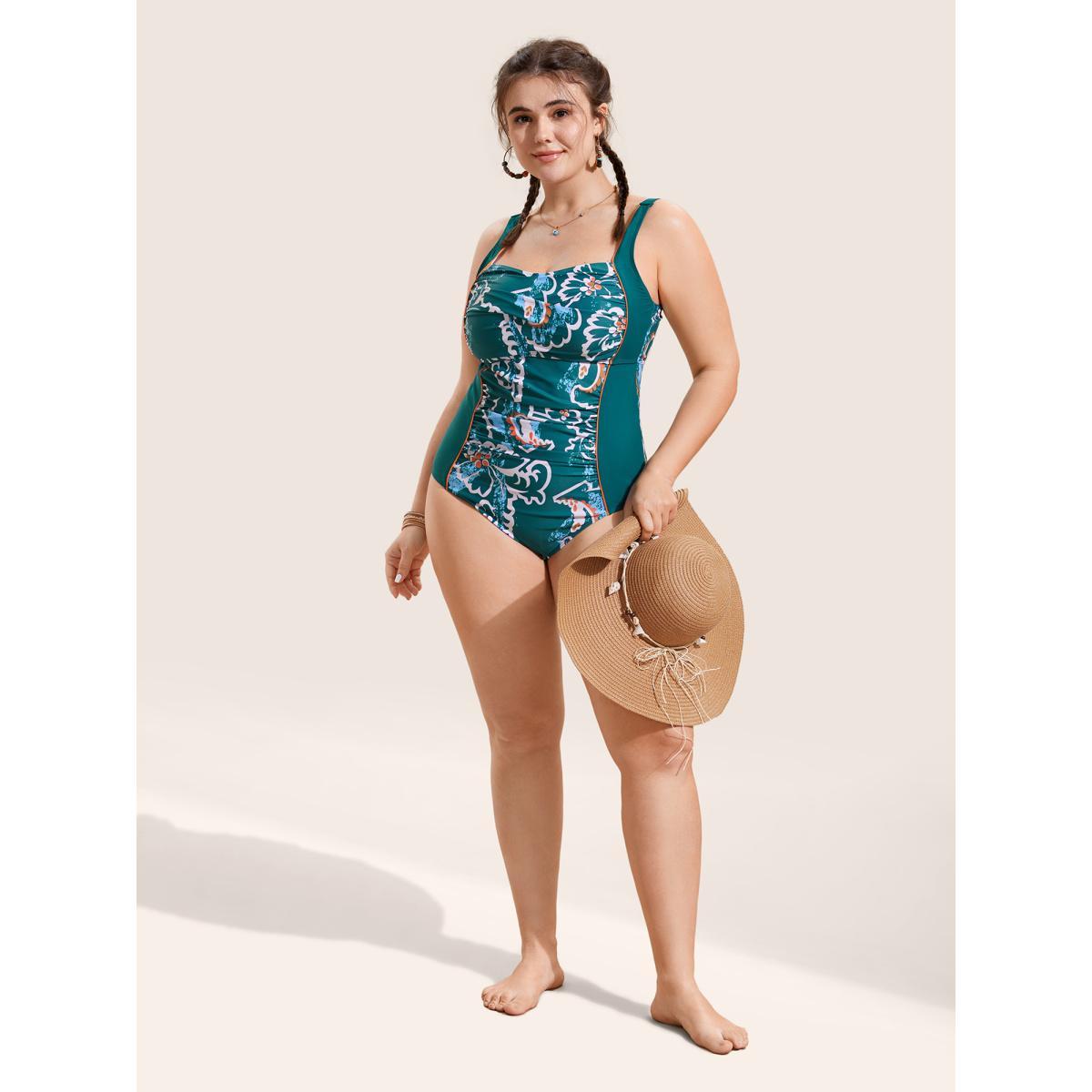 Plus Size Abstract Floral Patchwork Twist One Piece Swimsuit Women's Swimwear Cyan Beach Twist Curve Bathing Suits High stretch One Pieces BloomChic 26/4X Product Image