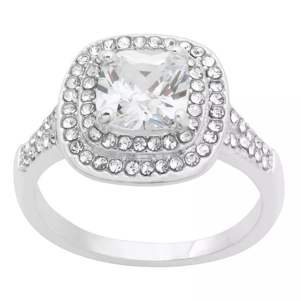 City Luxe Silver Tone Clear Cubic Zirconia Cushion Cut Double Halo Ring, Women's, Size: 7 Product Image