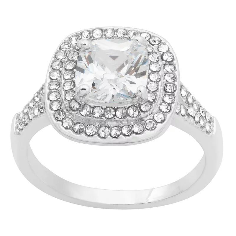 City Luxe Silver Tone Clear Cubic Zirconia Cushion Cut Double Halo Ring, Women's, Size: 7 Product Image