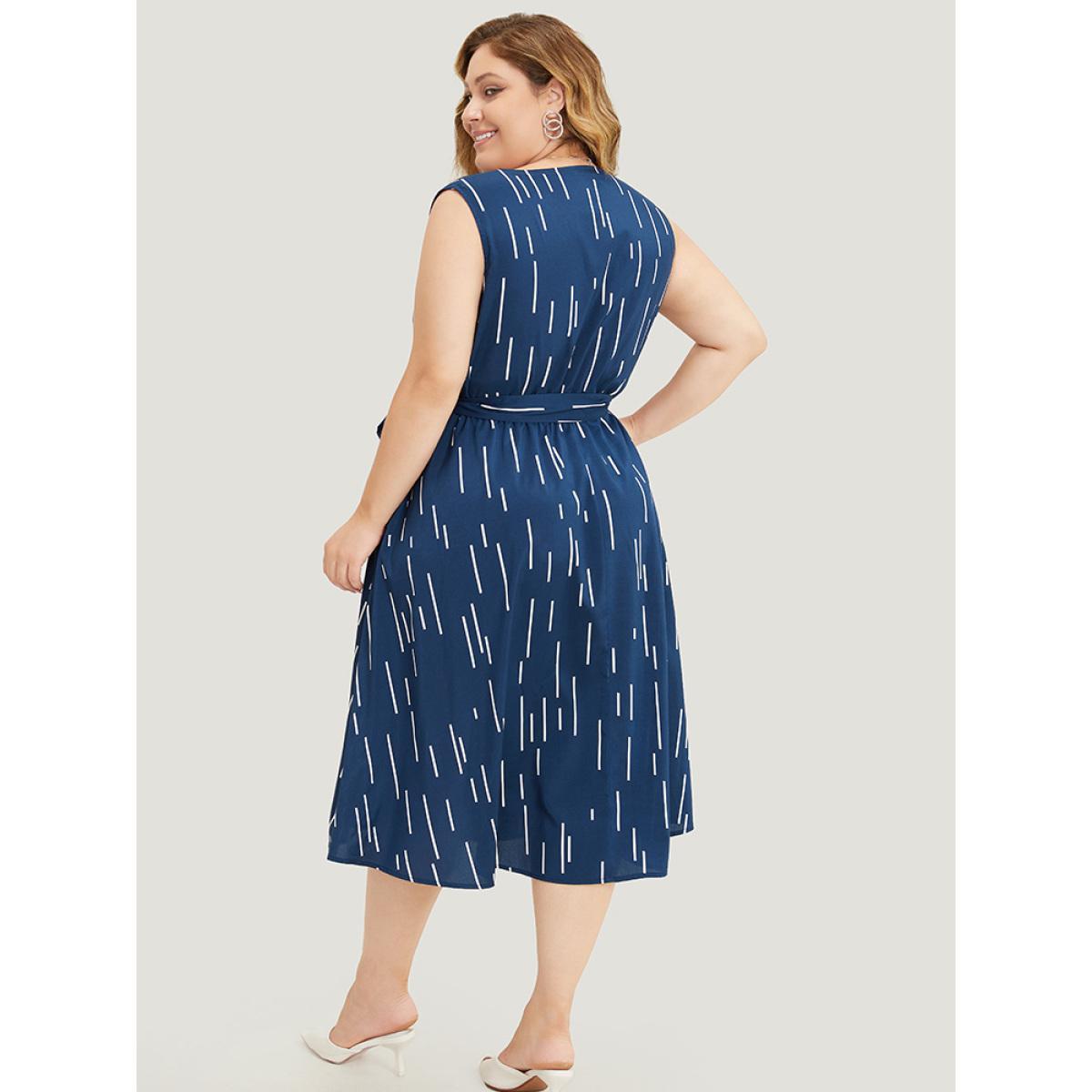 Plus Size Geometric Pocket Ruffle Hem Belted Notched Neck Tank Dress DarkBlue Women Office Cross straps Notched collar Sleeveless Curvy Midi Dress BloomChic 30/6X Product Image
