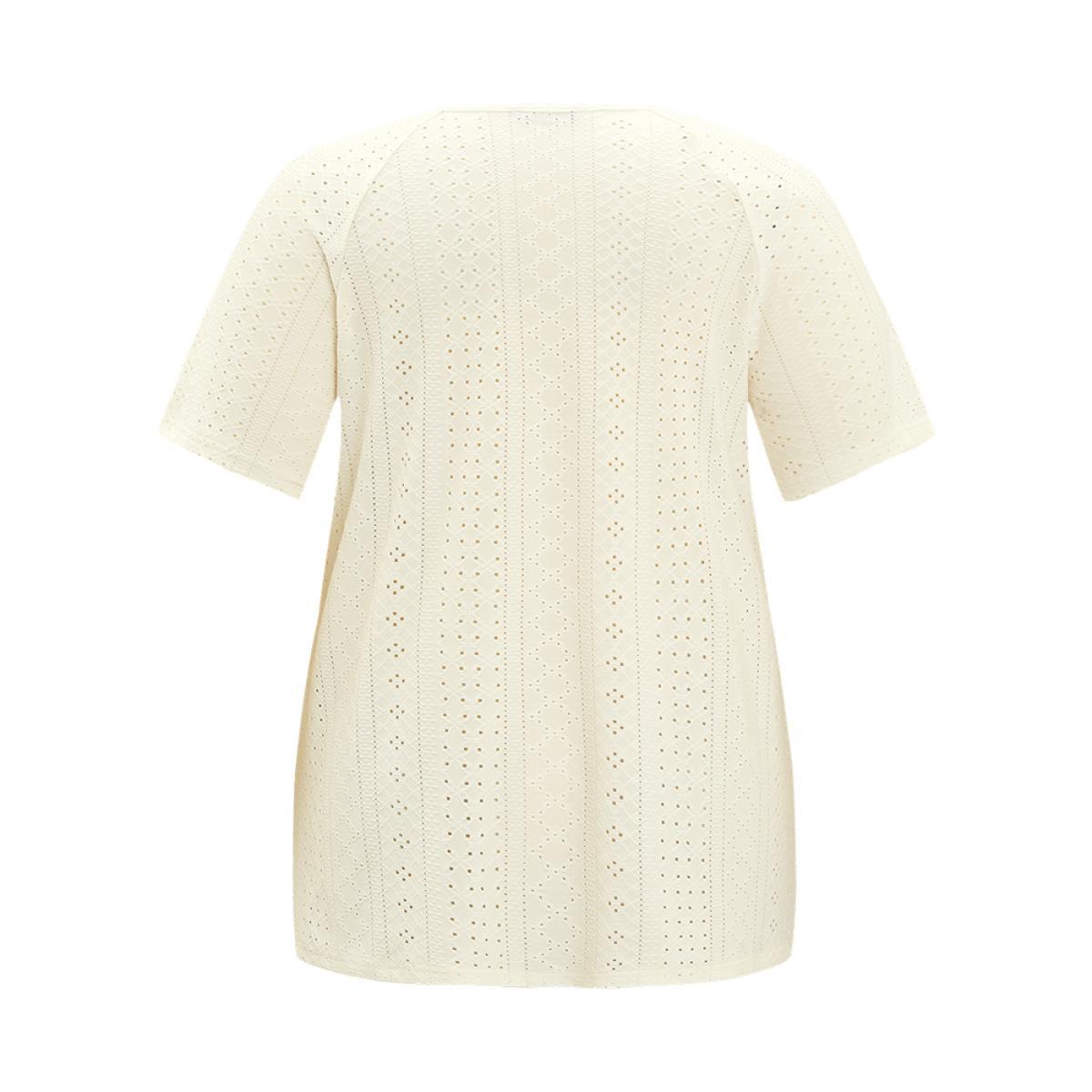 Plus Size Solid Half Zipper Broderie Anglaise T-shirt Ivory Women Elegant Zipper Plain V-neck Dailywear T-shirts BloomChic 10/M Product Image