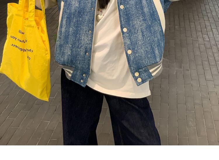 Lettering Print Embroidered Button Baseball Jacket Product Image