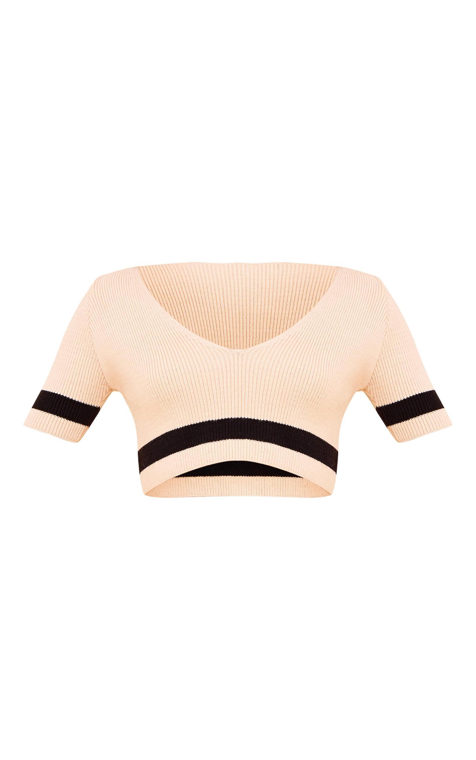 Cream Knitted Contrast Detail V Front Crop Top Product Image