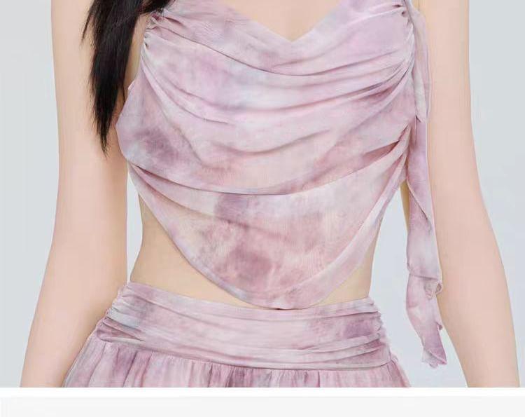 Set: Cowl Neck Tie Dye Floral Accent Ruched Tankini Top + Swim Skirt Product Image