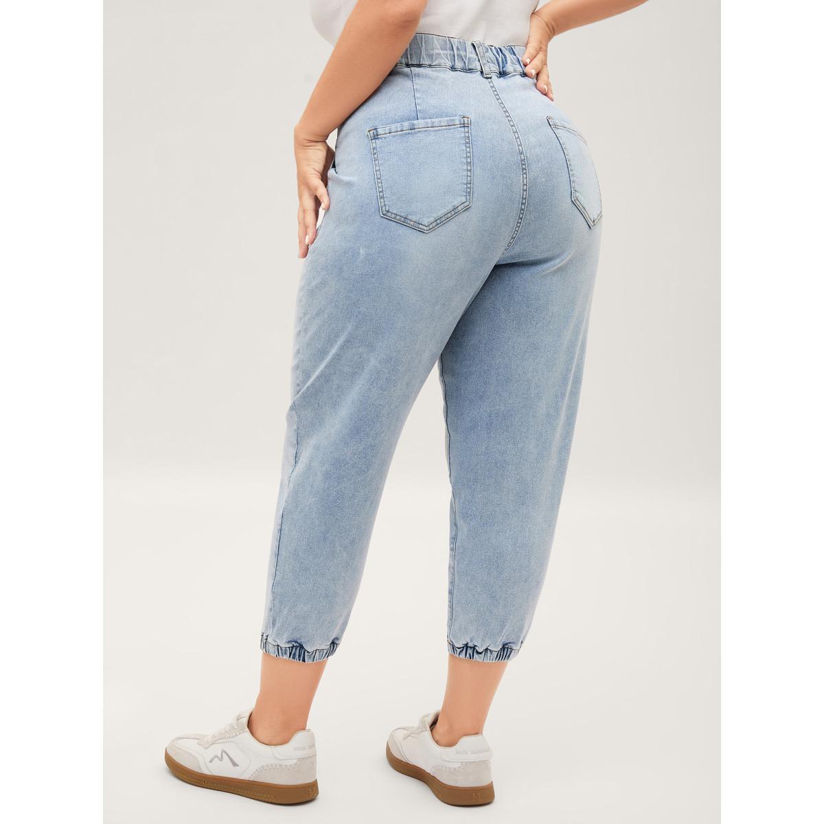 Plus Size Stretchy Waist Boyfriend Jeans Women Midblue Medium stretch Slanted pocket Jeans BloomChic 12/L Product Image