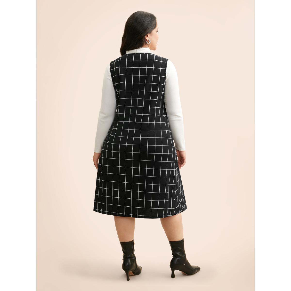 Plus Size Plaid V Neck Button Detail Dress Black Women Casual Button V-neck Sleeveless Curvy BloomChic 18-20/2X Product Image