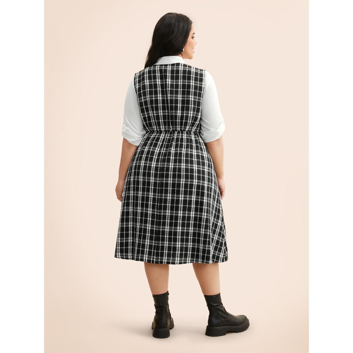 Plus Size Tweed Elastic Waist Overall Dress Black Women Elegant Texture Deep V-neck Sleeveless Curvy BloomChic 14-16/1X Product Image