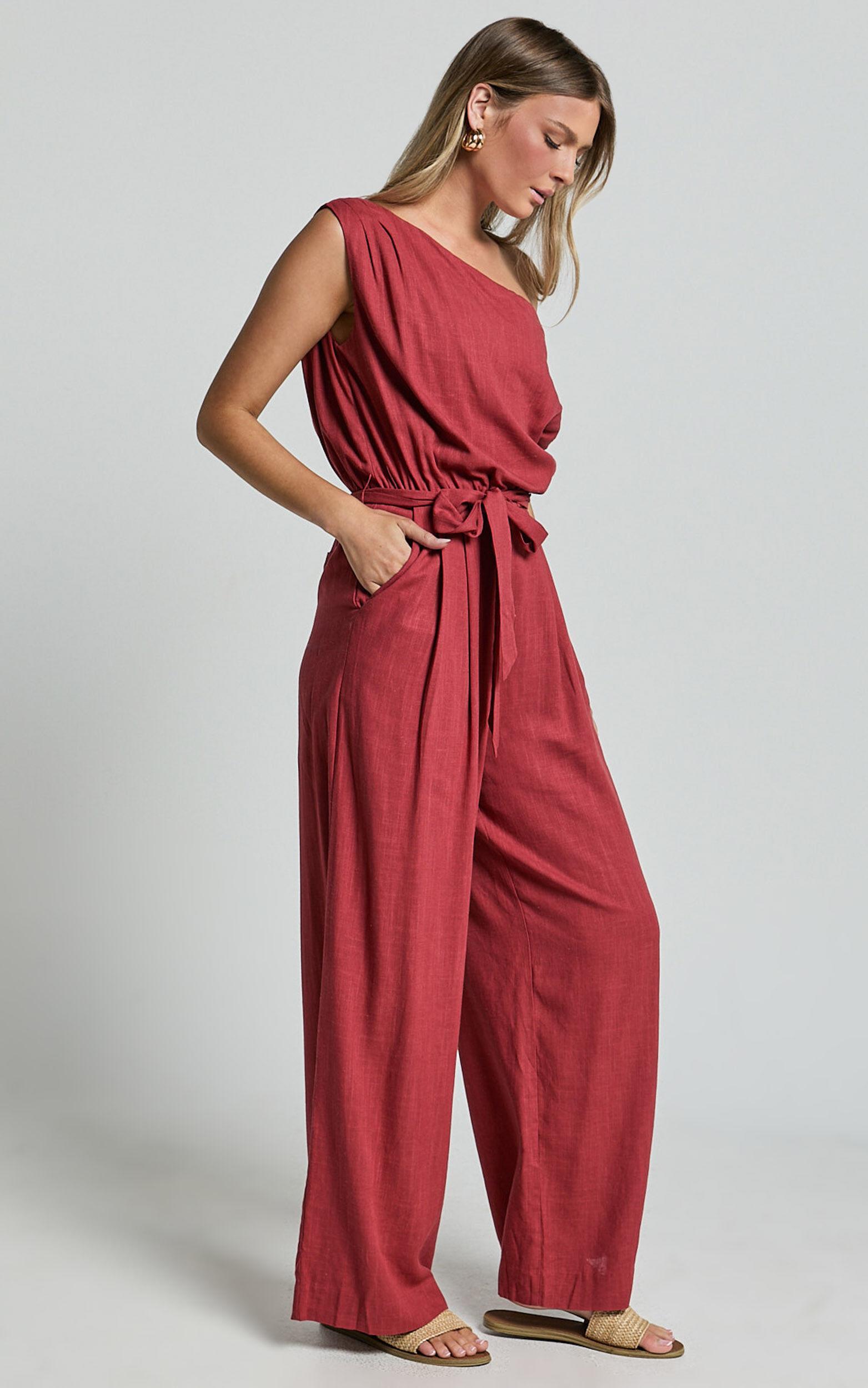 Adria Jumpsuit - Asymmetrical Short Sleeve Linen Jumpsuit in Clay Product Image