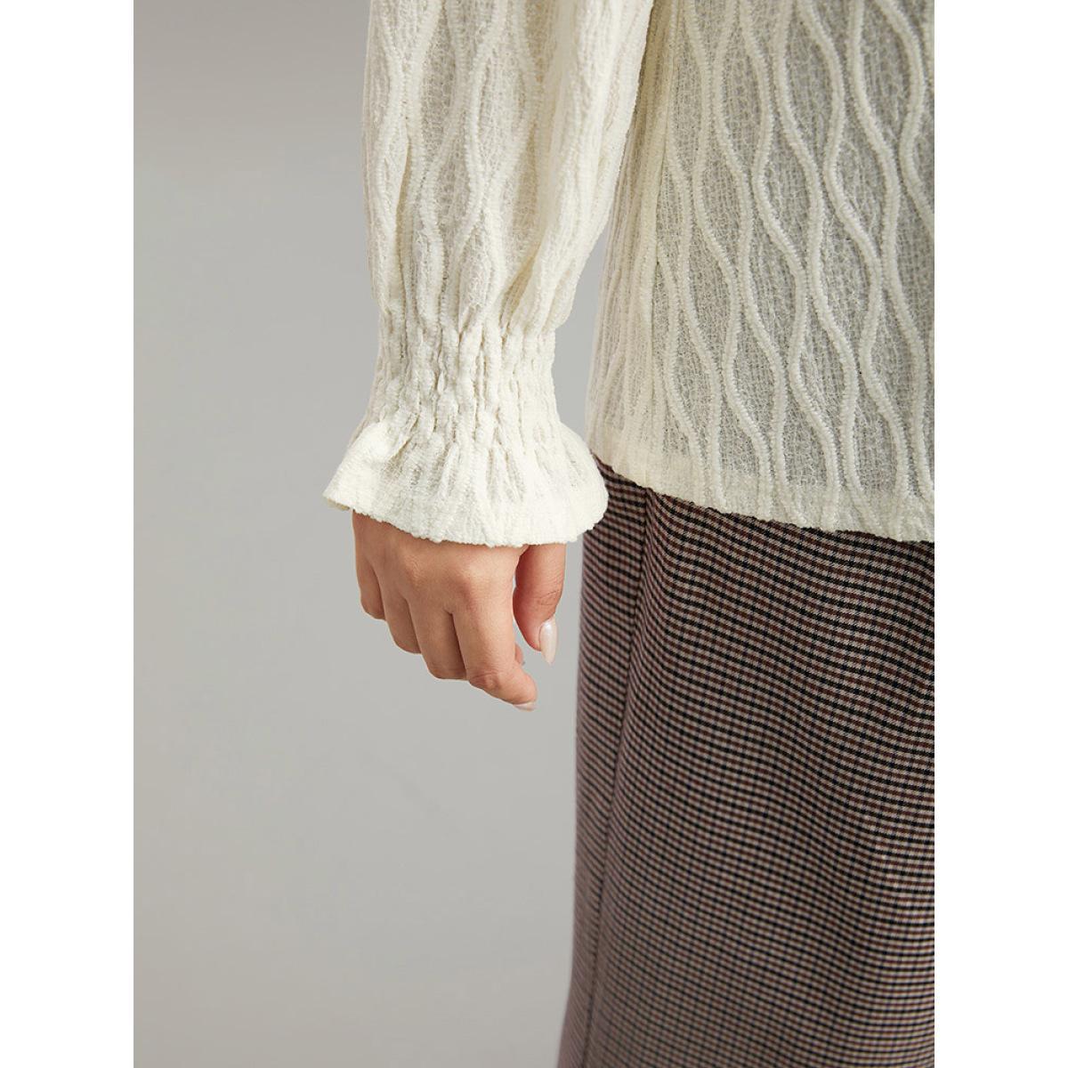 Plus Size Beige V Neck Solid Textured Shirred Blouse Women Office Long Sleeve V-neck Work Blouses BloomChic 26/4X Product Image