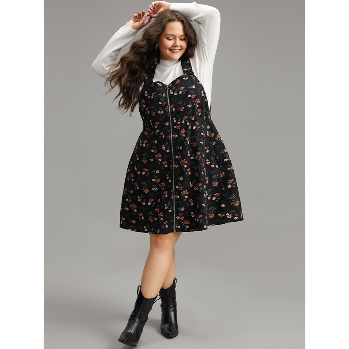 Plus Size Ditsy Floral Corduroy Pocket Zipper Fly Cami Dress Black Women Casual Printed Square Neck Sleeveless Curvy Knee Dress BloomChic 10/M Product Image