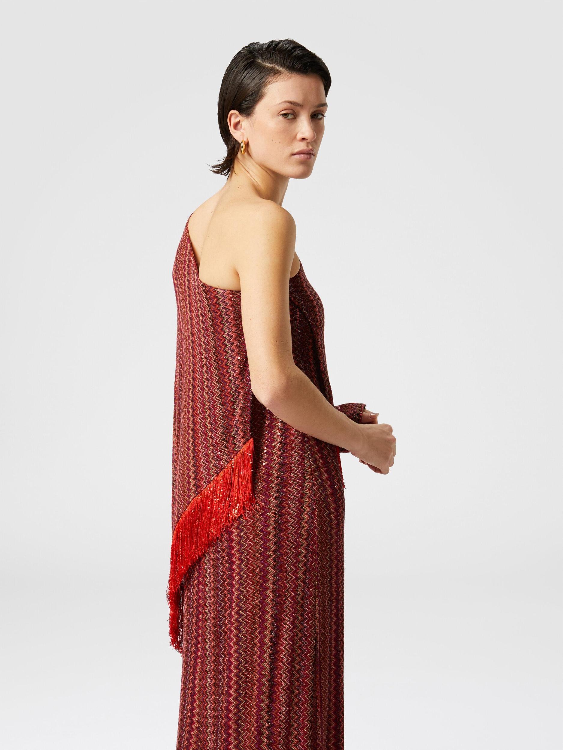 Long one-shoulder zigzag dress with sequins and fringes Product Image
