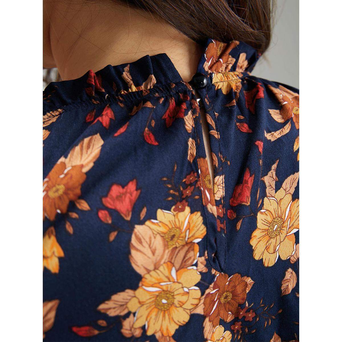 Plus Size Supersoft Essentials Floral Print Mock Neck Dress DarkBlue Women Elegant Printed Mock Neck Long Sleeve Curvy Midi Dress BloomChic 10/M Product Image