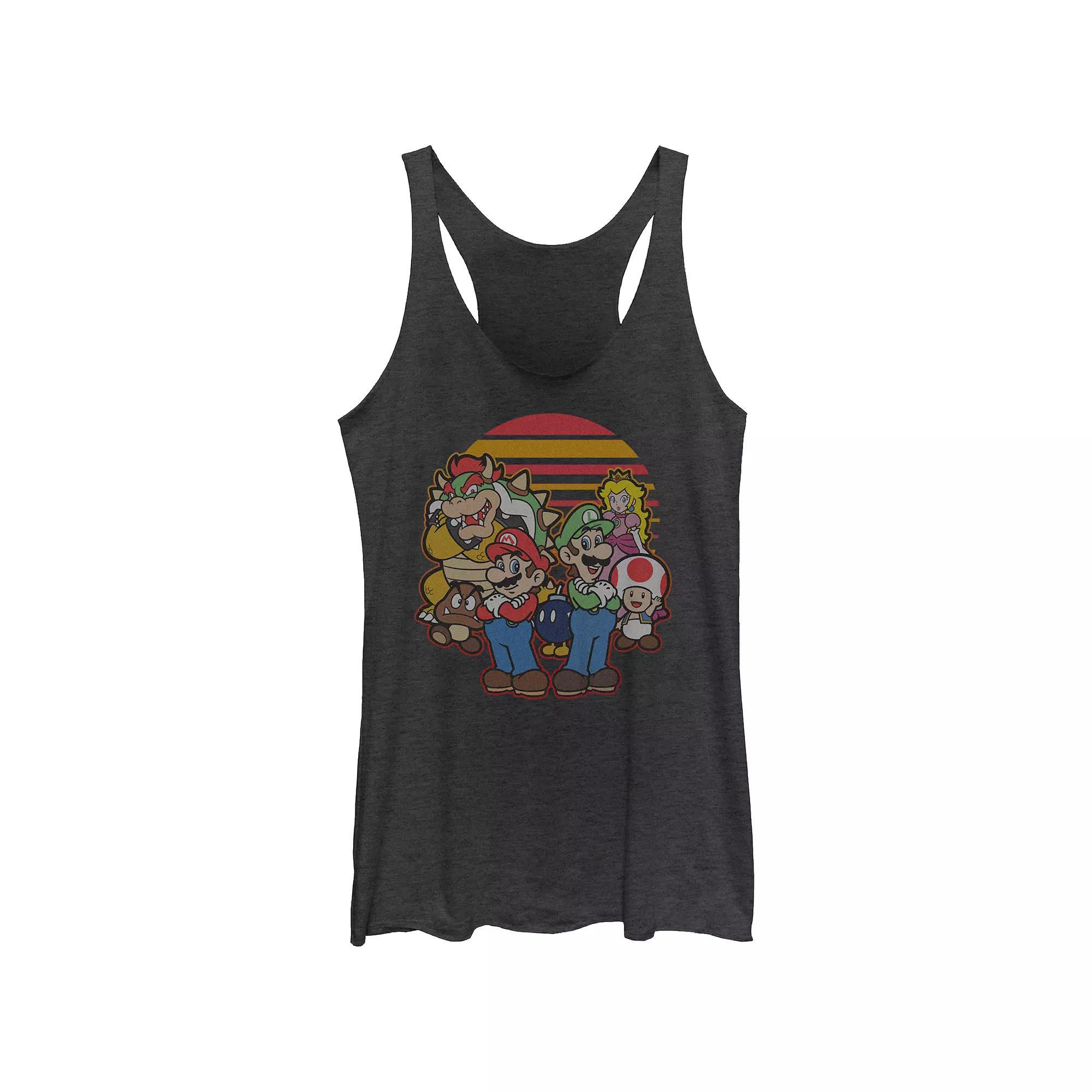 Juniors Nintendo Super Mario Bros Mario And Friends Sunset Group Racerback Tank Top, Girls Black Grey Product Image