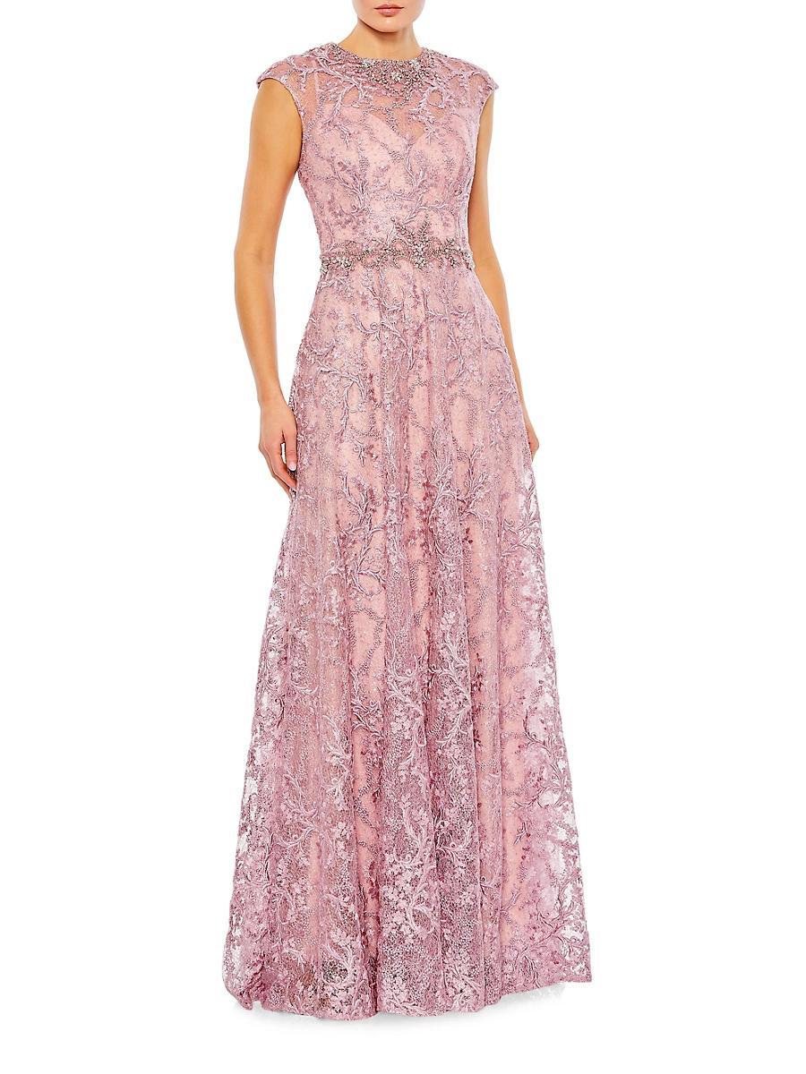 Womens Embroidered Illusion Cap-Sleeve Gown Product Image