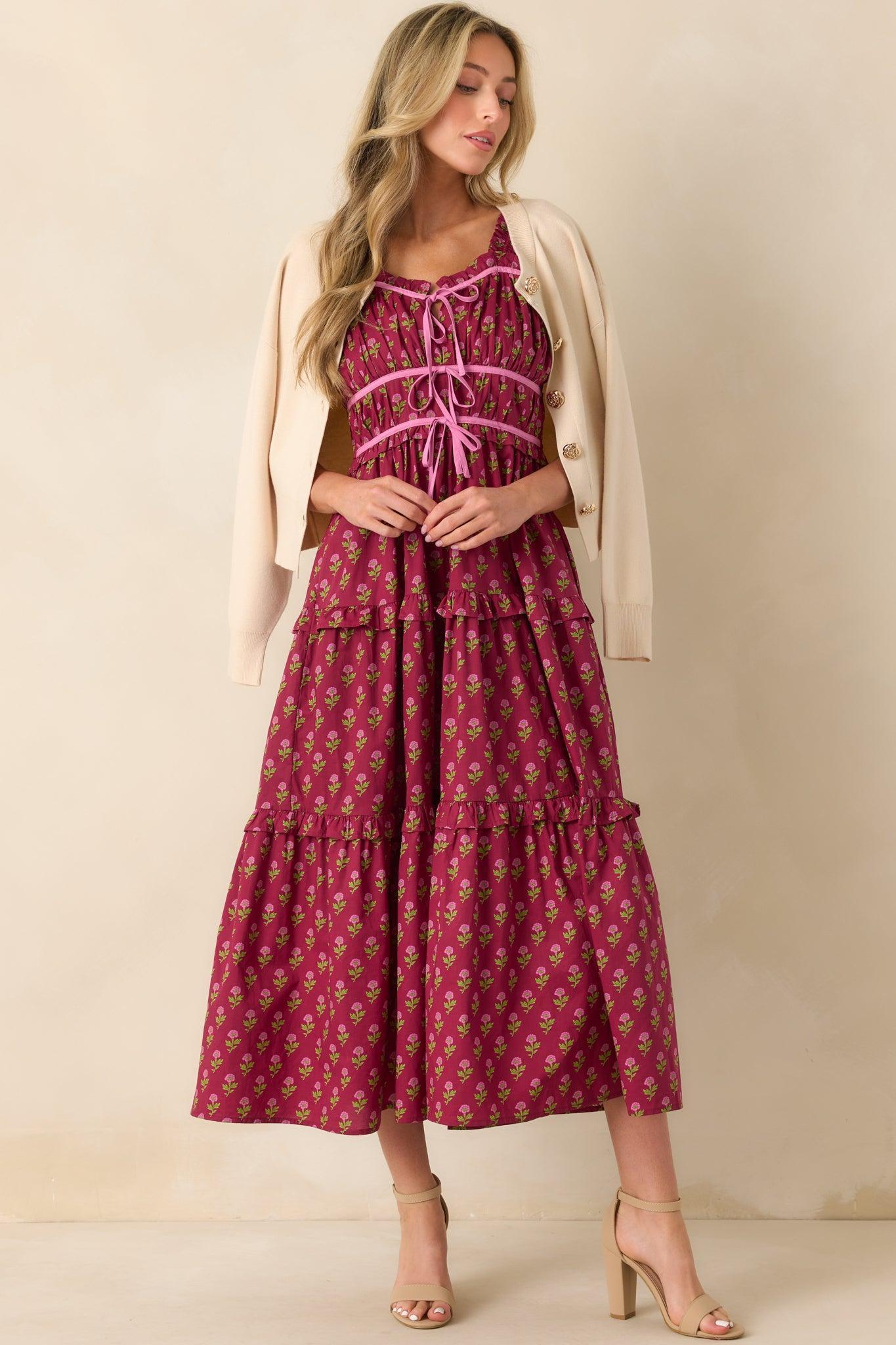 Endless Compliments Burgundy Floral Print Cotton Maxi Dress Product Image